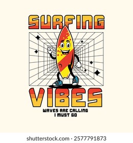 Surfing Vibes retro funny  cartoon surf board print graphic t shirt design