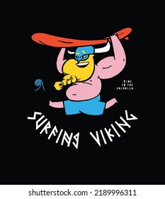 Surfing Viking. Chubby bearded man in horn helmet running with surfboard on his head.