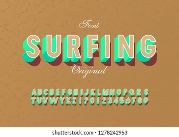 "Surfing" Vintage 3D Alphabet. Retro Typeface. Vector Font Illustration.