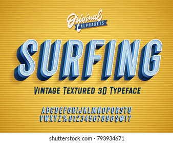 "Surfing" Vintage 3D Alphabet. Retro Typeface. Vector Font Illustration