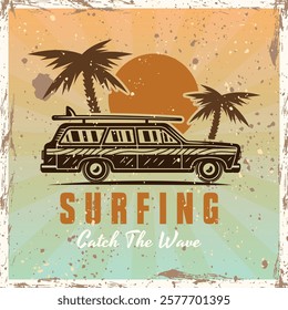 Surfing vintage car, palms and sunset vector emblem or t-shirt print in colored style. Vector illustration on bright background