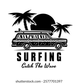 Surfing vintage car, palms and sunset vector black emblem or t-shirt print in vintage style isolated on white background