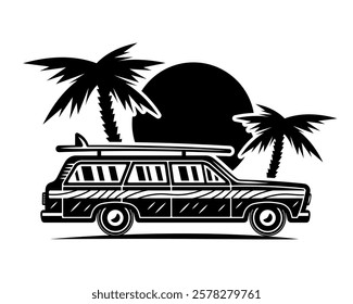 Surfing vintage car, palms and sunset vector black illustration in vintage style isolated on white background