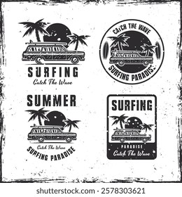 Surfing vintage car with palms and sunset set of vector vintage emblems on background with removable grunge textures