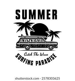 Surfing vintage car, palms and sunset vector black emblem or t-shirt print in vintage style isolated on white background