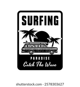 Surfing vintage car, palms and sunset vector black emblem or t-shirt print in vintage style isolated on white background