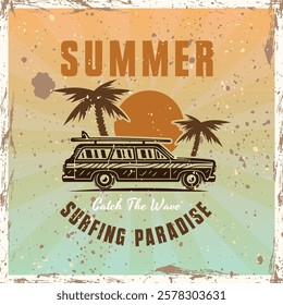 Surfing vintage car, palms and sunset vector emblem or t-shirt print in colored style. Vector illustration on bright background