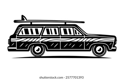 Surfing vintage car side view with surfboard on rooftop vector black style illustration isolated on white background