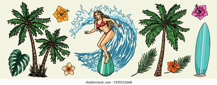 Surfing vintage colorful composition with pretty woman riding wave surfboard palm trees exotic flowers and leaves isolated vector illustration