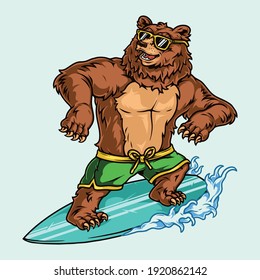 Surfing vintage colorful concept with funny bear in sunglasses and shorts standing on surfboard isolated vector illustration