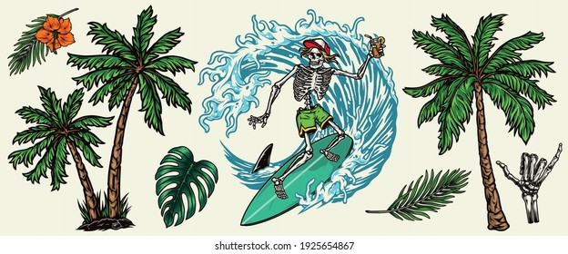 Surfing vintage colorful concept with palm trees exotic flowers leaves skeleton in baseball cap holding glass of cocktail and riding wave isolated vector illustration