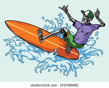 Surfing vintage colorful concept with skeleton surfer in baseball cap shirt and shorts riding wave isolated vector illustration
