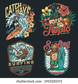 Surfing vintage colorful emblems with skeleton and bear surfers pineapple exotic leaves and flowers man riding wave in coconut with straw isolated vector illustration