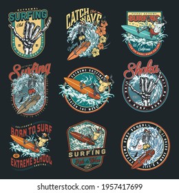 Surfing vintage colorful labels set with inscriptions skeleton surfers in baseball caps and shorts riding waves and skeleton hands showing shaka gestures isolated vector illustration