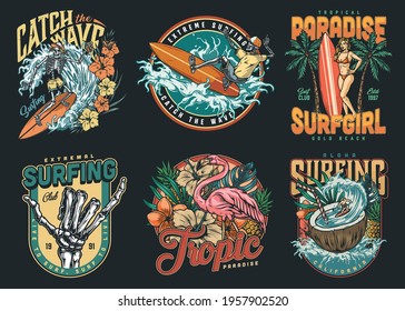 Surfing vintage colorful labels with skeleton surfers pretty woman with surfboard pink flamingo tropical flowers and leaves pineapple man riding wave in coconut isolated vector illustration