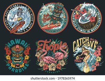 Surfing vintage colorful labels with skeleton pretty woman and man in tiki mask surfers exotic flowers leaves pink flamingo boy riding wave in coconut with straw isolated vector illustration