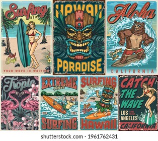 Surfing vintage colorful posters composition with skeleton pretty girls funny bear man in tiki mask surfers pink flamingos tropical flowers and leaves vector illustration