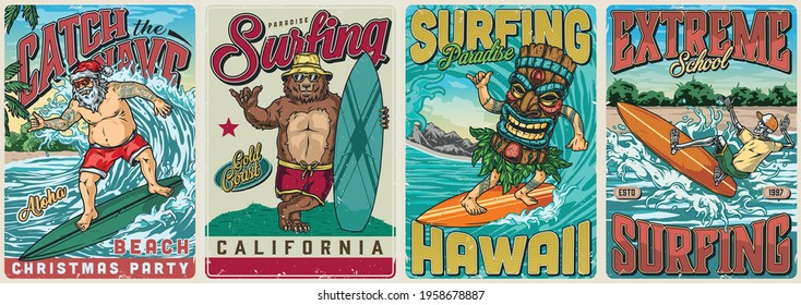 Surfing vintage colorful posters with happy bear holding surfboard tattooed Santa Claus skeleton and man in tiki mask riding waves vector illustration