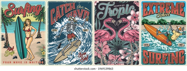 Surfing vintage colorful posters set with pretty girl and skeletons surfers riding waves pink flamingos tropical flowers and leaves vector illustration