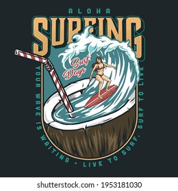 Surfing vintage colorful print with attractive woman surfer riding wave in coconut with straw isolated vector illustration