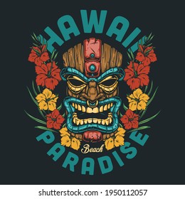 Surfing vintage colorful print with hibiscus flowers and wooden tribal tiki mask on dark background isolated vector illustration