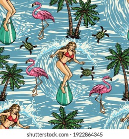 Surfing vintage colorful seamless pattern with palm trees pink flamingo turtle attractive woman riding wave on sea background vector illustration