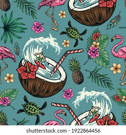 Surfing Vintage Colorful Seamless Pattern Exotic Stock Vector (Royalty ...