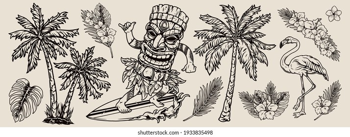 Surfing vintage composition with exotic beautiful flowers and leaves palm trees flamingo surfer in hawaiian tiki mask riding wave and showing shaka gesture isolated vector illustration