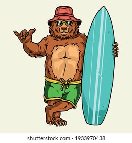 Surfing vintage concept with funny bear in shorts sunglasses panama hat showing shaka sign and standing with surfboard isolated vector illustration