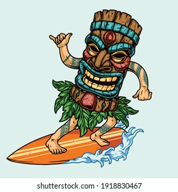 Surfing vintage concept with surfer in tiki mask riding wave isolated vector illustration