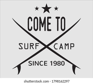 Surfing vintage Design, Come To Surfing Camp Since 1980, Camping surf badge design Happiness Comes in Waves,T Shirt Typography Design Vector Illustration Symbol Icon Logo Design