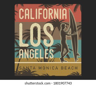 Surfing vintage Design, Los Angeles California Santa Monica Beach, Camping surf badge design Happiness Comes in Waves,T Shirt Typography Design Vector Illustration Symbol Icon Logo Design