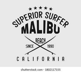 Surfing vintage Design,Superior Surfer Malibu Beach Since 1990- California  surf badge design T Shirt Typography Design Vector Illustration Symbol Icon Logo Design