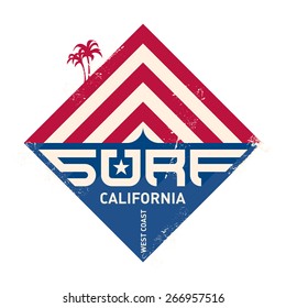 Surfing vintage label. California west coast surfers. Pacific Ocean team. Vector illustration for surf board design.