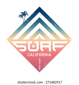 Surfing vintage label. California west coast surfers logo. Vector illustration for surf board design with modern gradient
