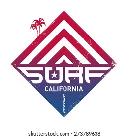 Surfing vintage label. California west coast surfers logo. Vector illustration for surf board design with gradient.