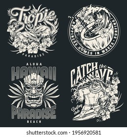 Surfing vintage labels in monochrome style with man riding wave in coconut cocktail wooden tiki mask happy bear surfer in sunglasses flamingos exotic leaves and flowers isolated vector illustration