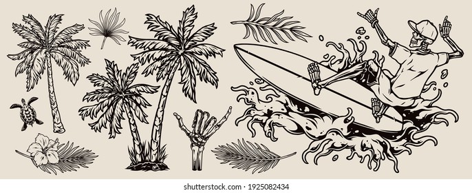 Surfing vintage monocromo composición con flores exóticas hojas palmeras tortuga esqueleto mano que muestra gesto shaka y skeleton surfista ola de equitación aislada ilustración vectorial