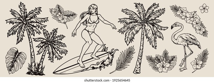 Surfing vintage monochrome composition with tropical flowers leaves palm trees flamingo and beautiful woman in bikini riding wave isolated vector illustration