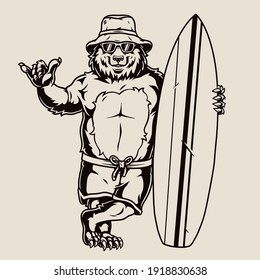 Surfing vintage monochrome concept with cute bear surfer showing shaka gesture and standing with surfboard isolated vector illustration
