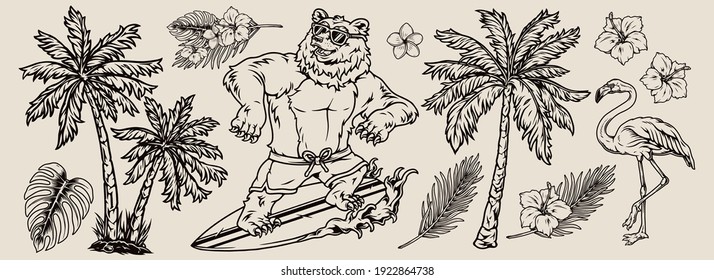 Surfing vintage monochrome concept with palm trees plumeria and hibiscus flowers tropical leaves flamingo funny bear in sunglasses and shorts riding wave isolated vector illustration