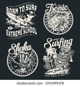 Surfing vintage monochrome designs with inscriptions skeleton surfer showing shaka sign man surfer in wooden tiki mask riding wave flamingo hibiscus flowers isolated vector illustration