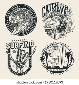 Surfing vintage monochrome emblems with hibiscus flowers palm trees skeleton surfer and shaka gesture funny bear standing near surfboard attractive surfgirl riding wave isolated vector illustration