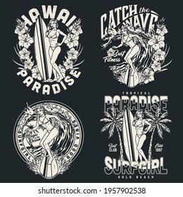 Surfing vintage monochrome labels with exotic flowers palm trees beautiful girls riding waves and standing with surfboards isolated vector illustration