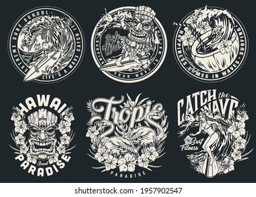 Surfing vintage monochrome labels with flamingos tropical flowers and leaves skeleton pretty woman man in tiki mask surfers boy riding wave in coconut with straw isolated vector illustration