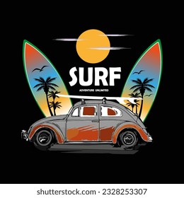 surfing with vintage old car with sun surfboard and trees vector design background
