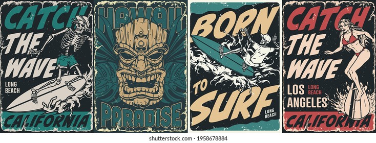 Surfing vintage posters collection with wooden tiki mask tropical leaves skeletons and pretty girl surfers riding waves vector illustration