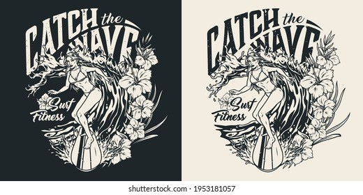 Surfing vintage print in monochrome style with attractive woman surfer riding ocean wave isolated vector illustration