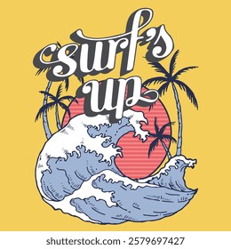 Surfing vintage style t-shirt and apparel trendy design with surf and silhouettes, typography, print, vector illustration