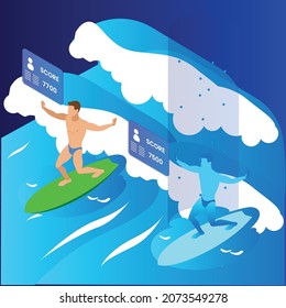 Surfen in virtueller Realität in metaverse 3d-isometrische Vektorgrafik-Konzept für Banner, Website, Landing Page, Anzeigen, Flyer-Vorlage